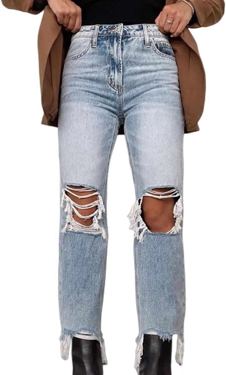 Womens Ripped Jeans Casual Stretchy Straight Leg Denim Pant High Waisted Retro Classic Denims Relaxed Fit Long Pant