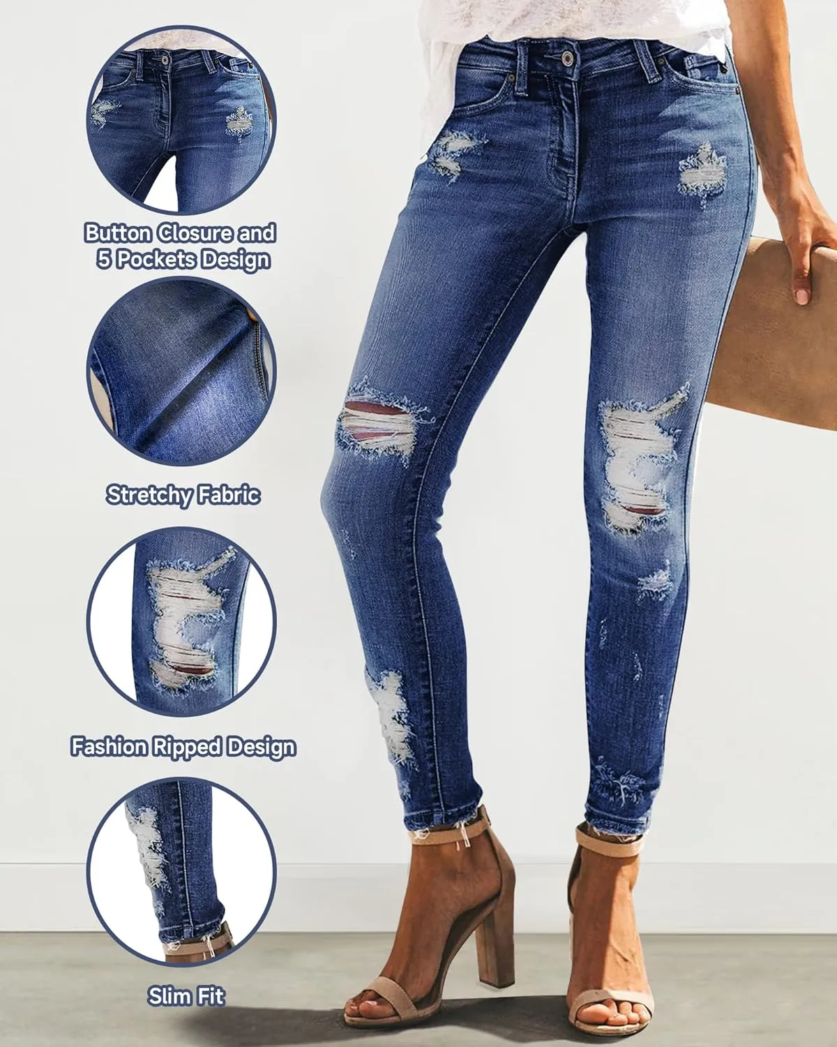 Womens Ripped Jeans Stretch Skinny Jeans for Women Butt Lifting Distressed Jeans High Waisted Denim Pants Light Blue