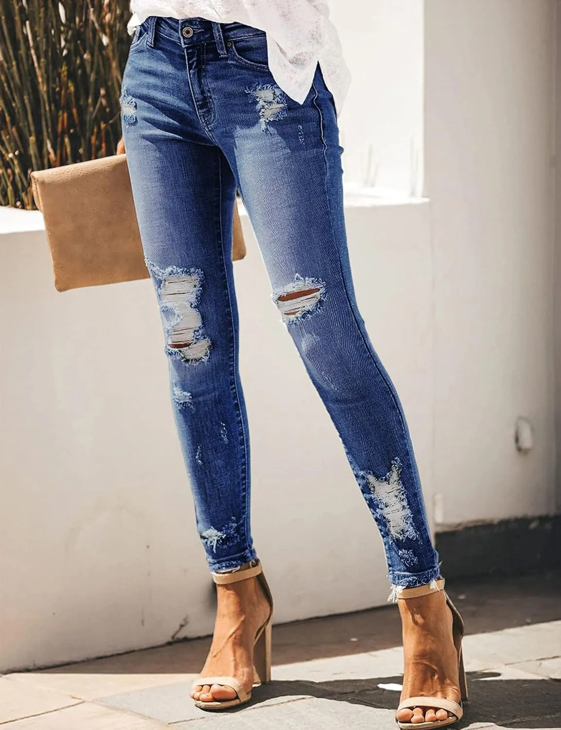 Womens Ripped Jeans Stretch Skinny Jeans for Women Butt Lifting Distressed Jeans High Waisted Denim Pants Light Blue