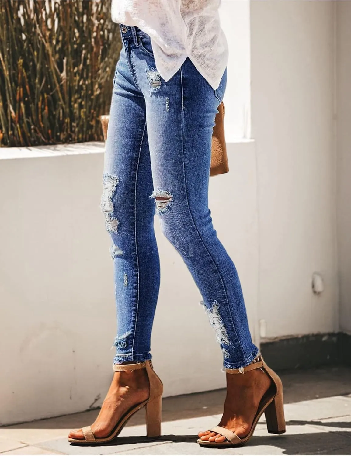 Womens Ripped Jeans Stretch Skinny Jeans for Women Butt Lifting Distressed Jeans High Waisted Denim Pants Light Blue