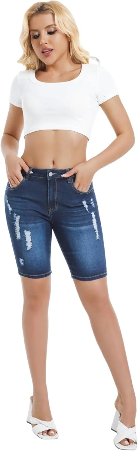 Women's Ripped Stretchy Bermuda Shorts High Waisted Long Denim Jean Shorts