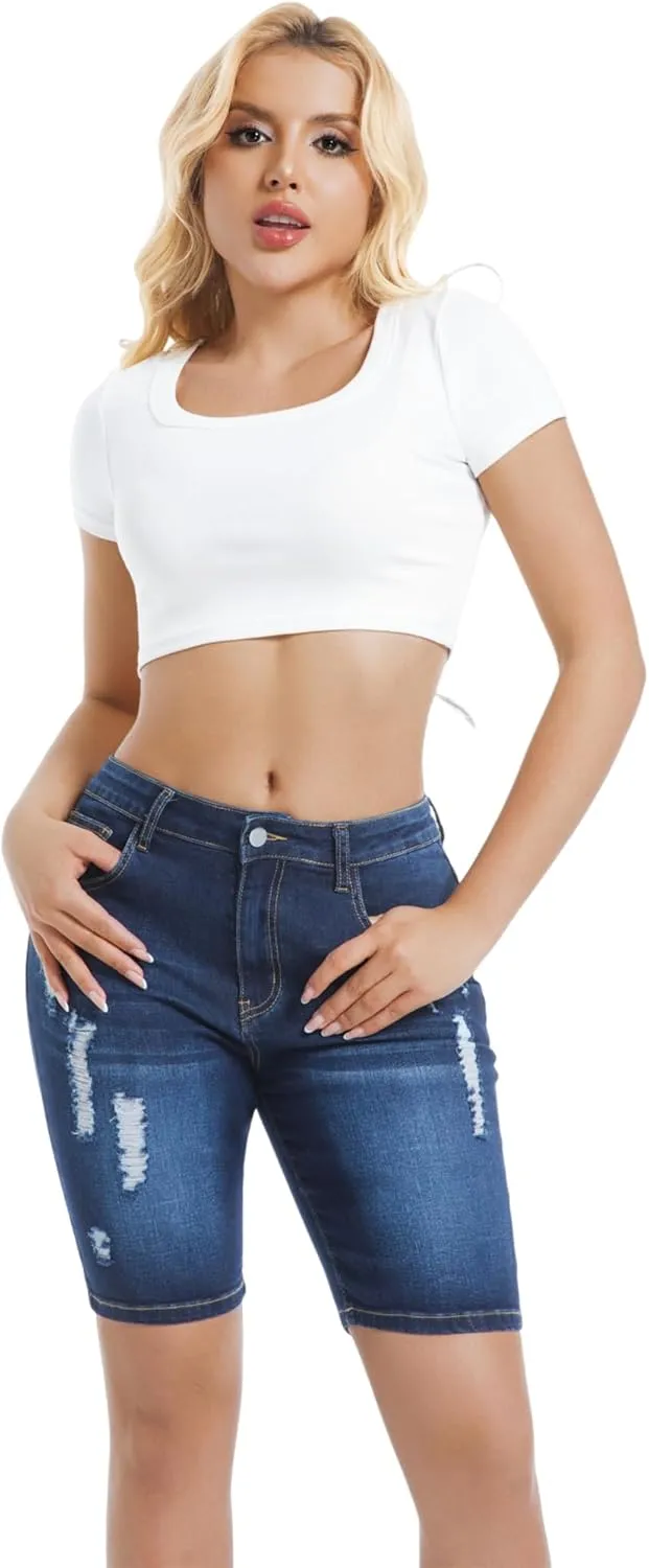 Women's Ripped Stretchy Bermuda Shorts High Waisted Long Denim Jean Shorts