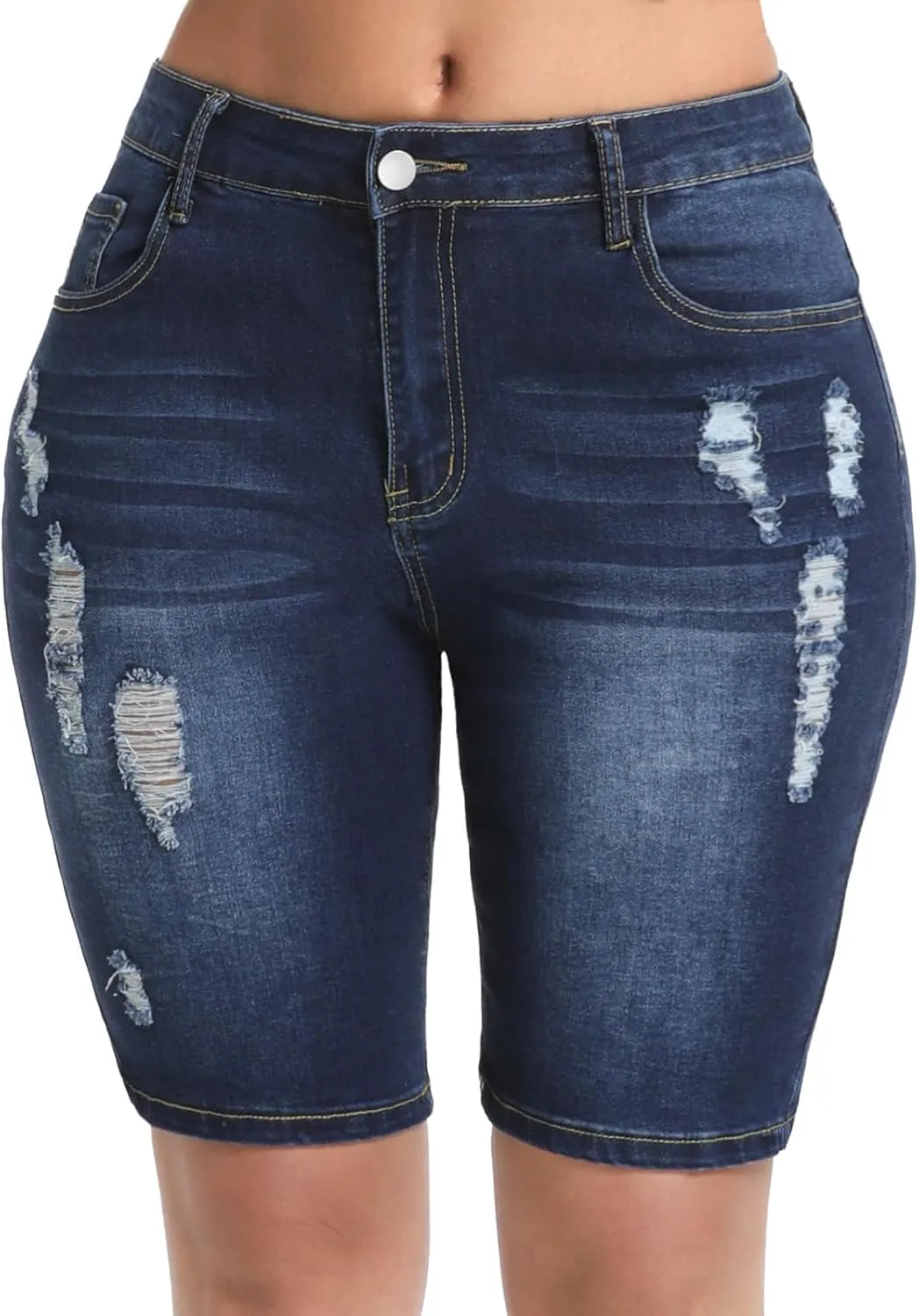 Women's Ripped Stretchy Bermuda Shorts High Waisted Long Denim Jean Shorts