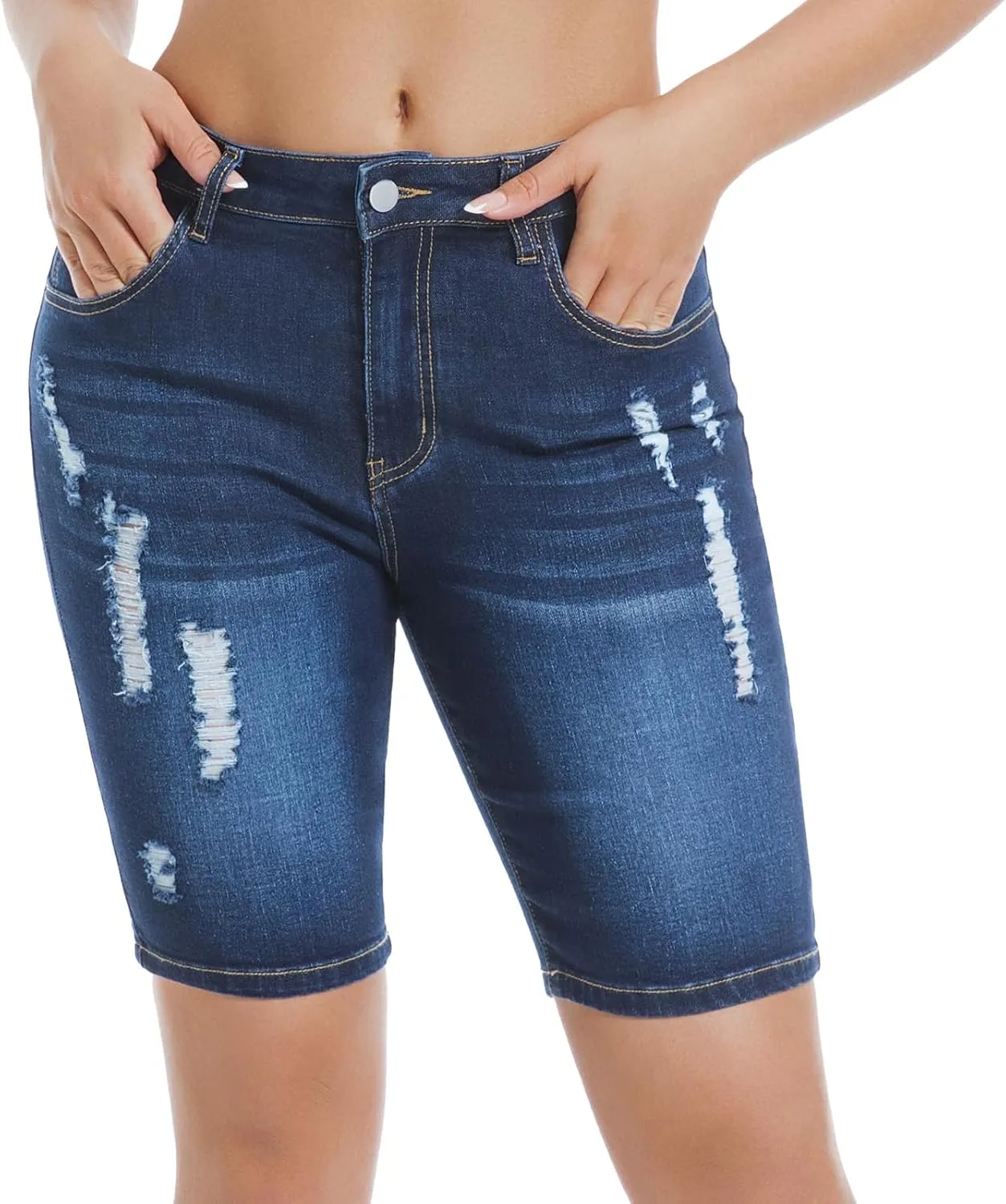 Women's Ripped Stretchy Bermuda Shorts High Waisted Long Denim Jean Shorts