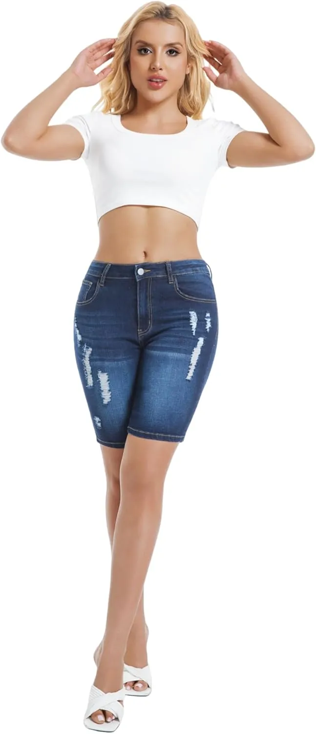 Women's Ripped Stretchy Bermuda Shorts High Waisted Long Denim Jean Shorts