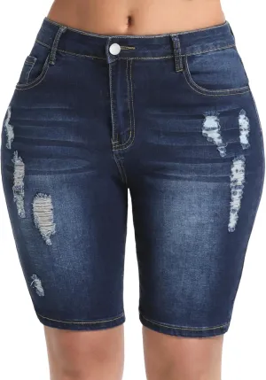 Women's Ripped Stretchy Bermuda Shorts High Waisted Long Denim Jean Shorts