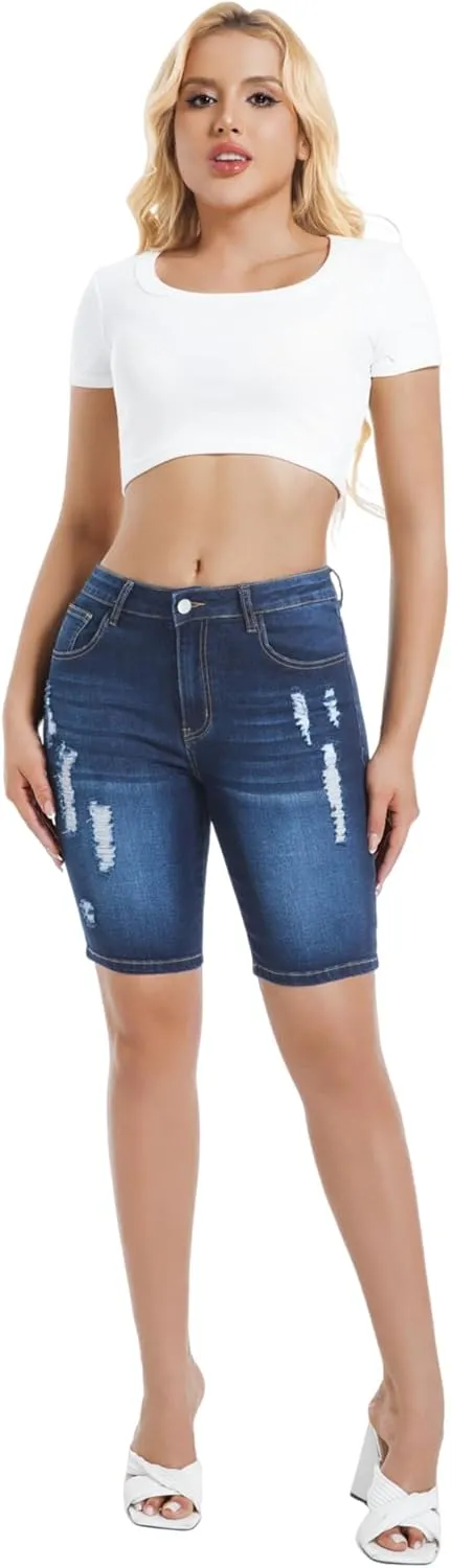 Women's Ripped Stretchy Bermuda Shorts High Waisted Long Denim Jean Shorts