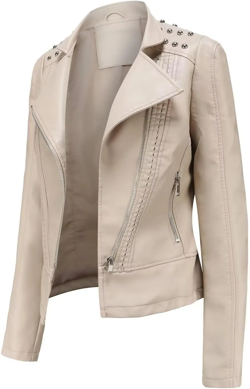 Women's Rivet Studded Faux Leather Motorcycle Short Jacket Punk Fashion Streetwear Coat
