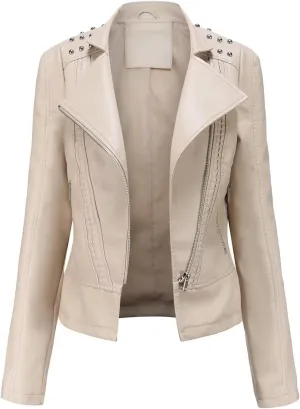 Women's Rivet Studded Faux Leather Motorcycle Short Jacket Punk Fashion Streetwear Coat