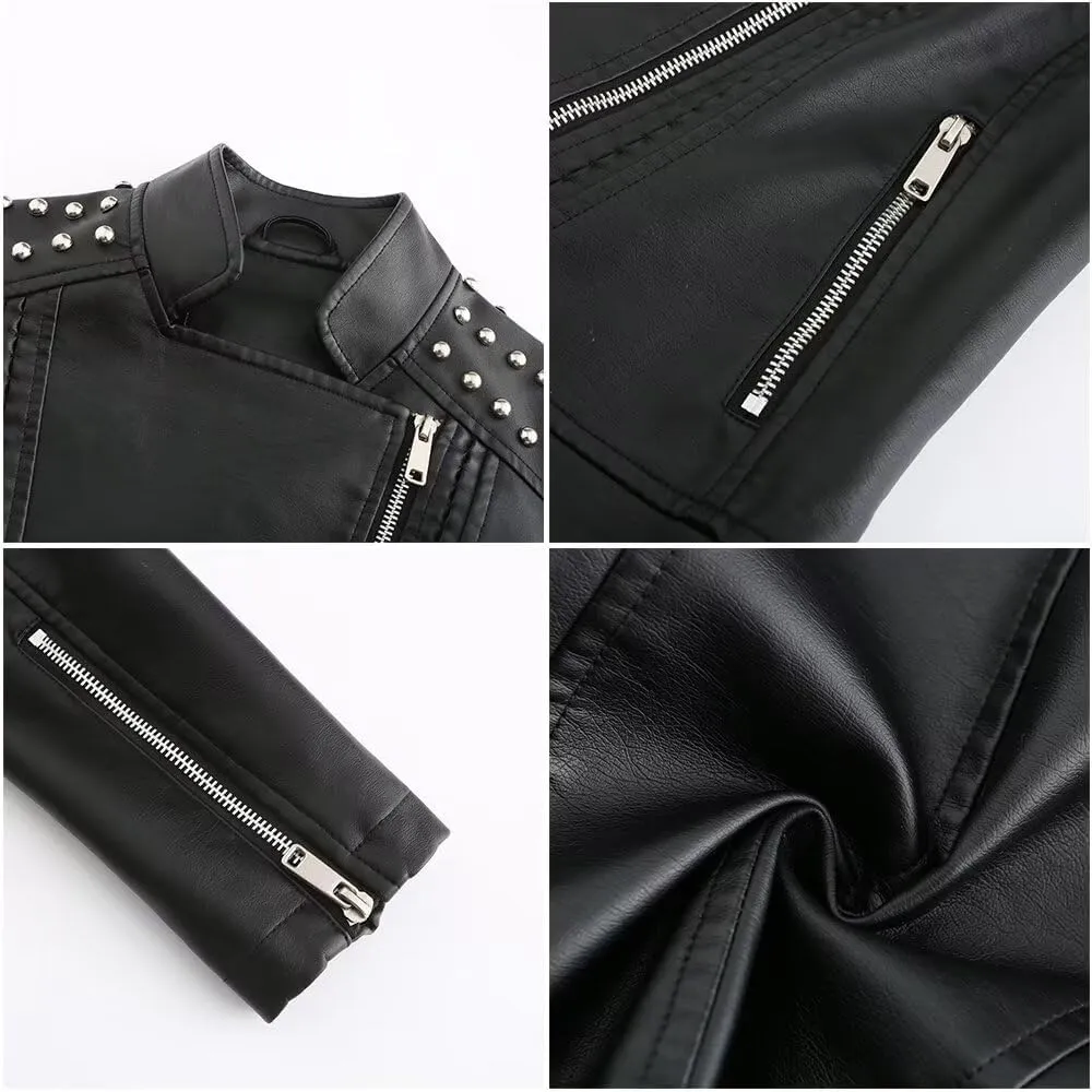 Women's Rivet Studded Faux Leather Motorcycle Short Jacket Punk Fashion Streetwear Coat