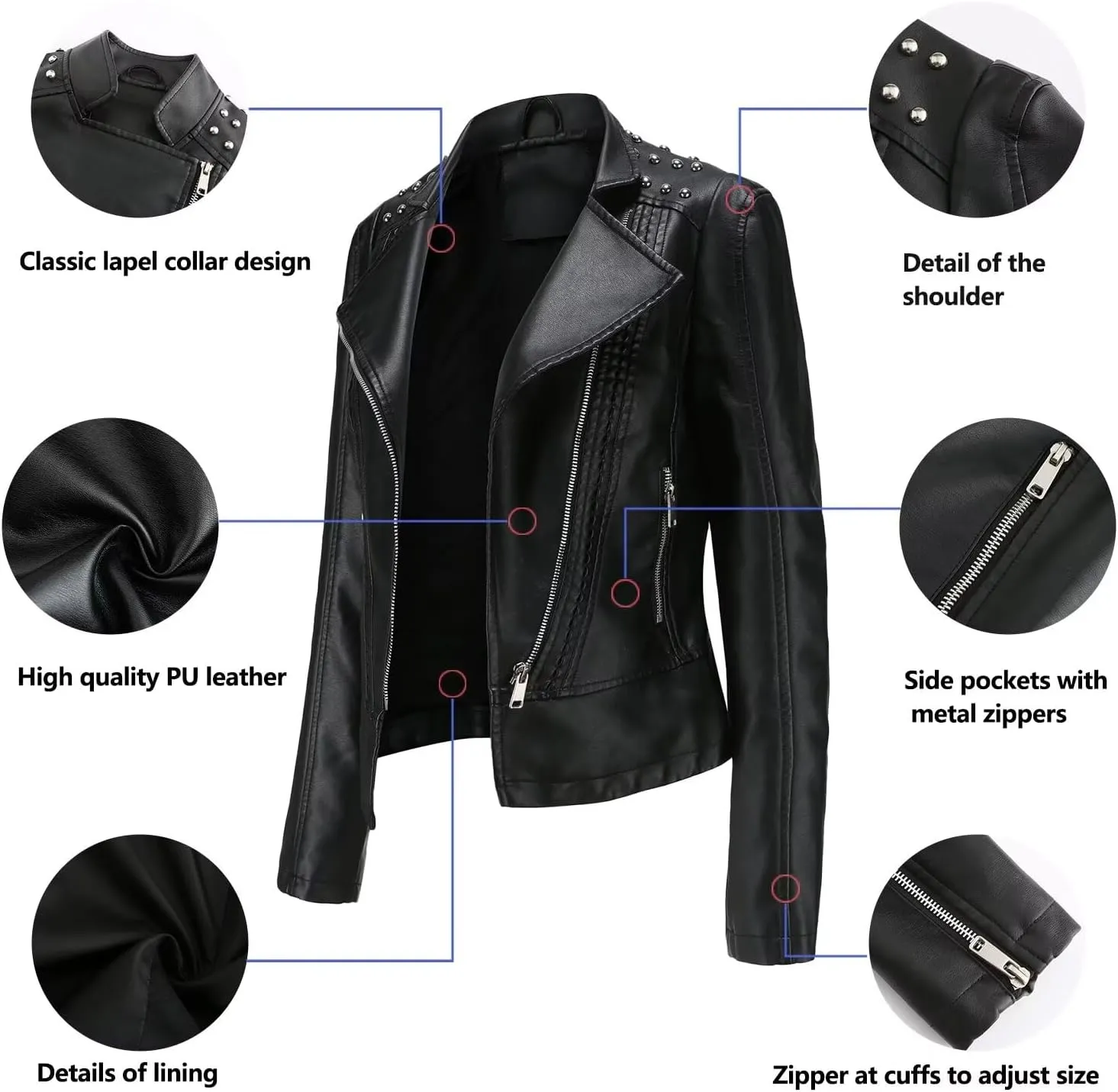 Women's Rivet Studded Faux Leather Motorcycle Short Jacket Punk Fashion Streetwear Coat