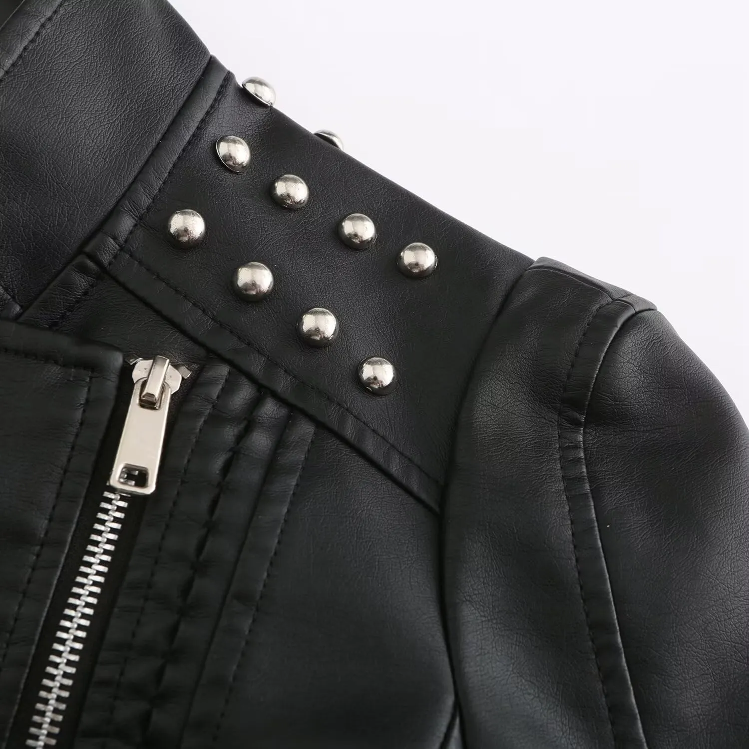 Women's Rivet Studded Faux Leather Motorcycle Short Jacket Punk Fashion Streetwear Coat