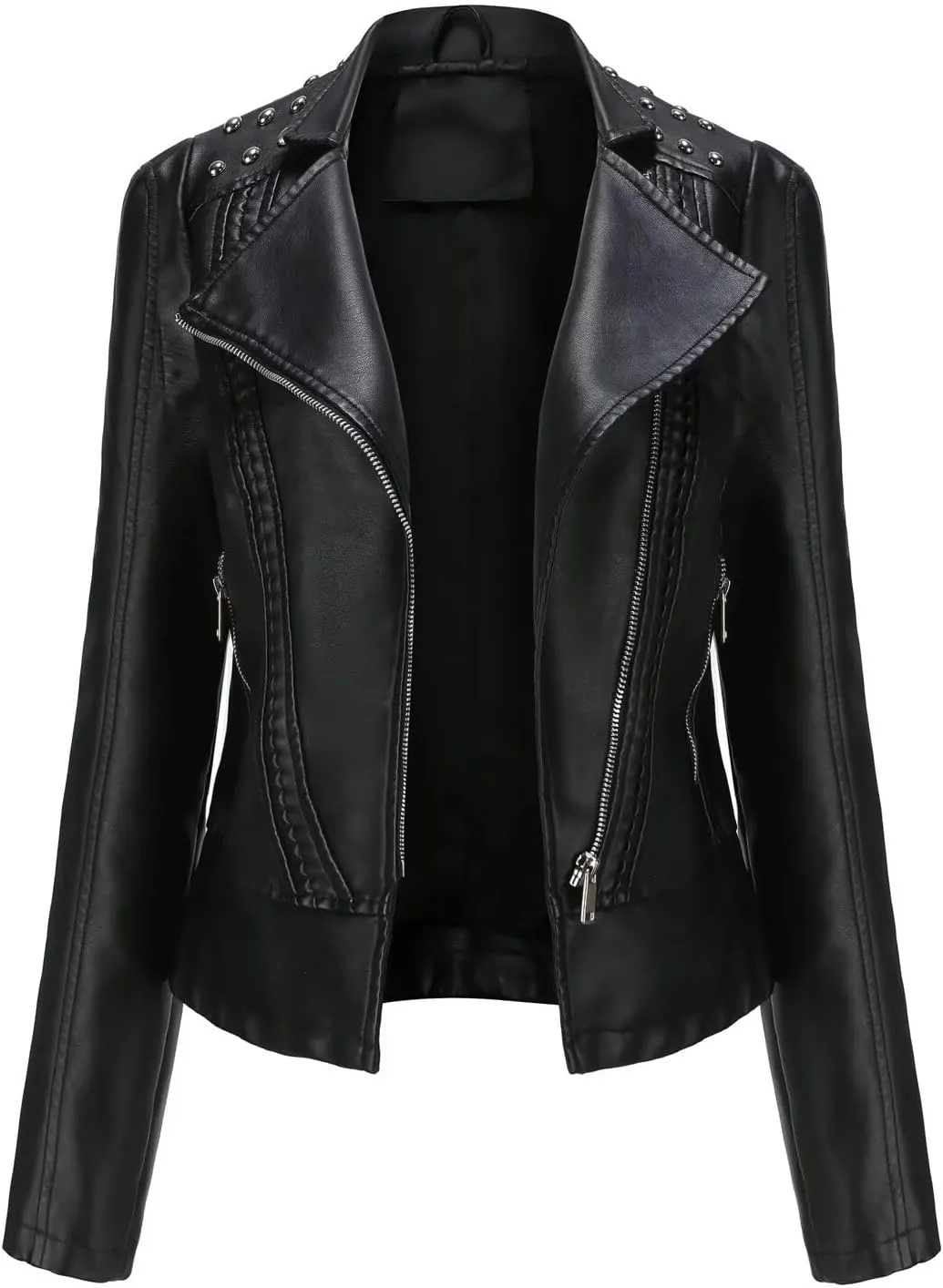Women's Rivet Studded Faux Leather Motorcycle Short Jacket Punk Fashion Streetwear Coat