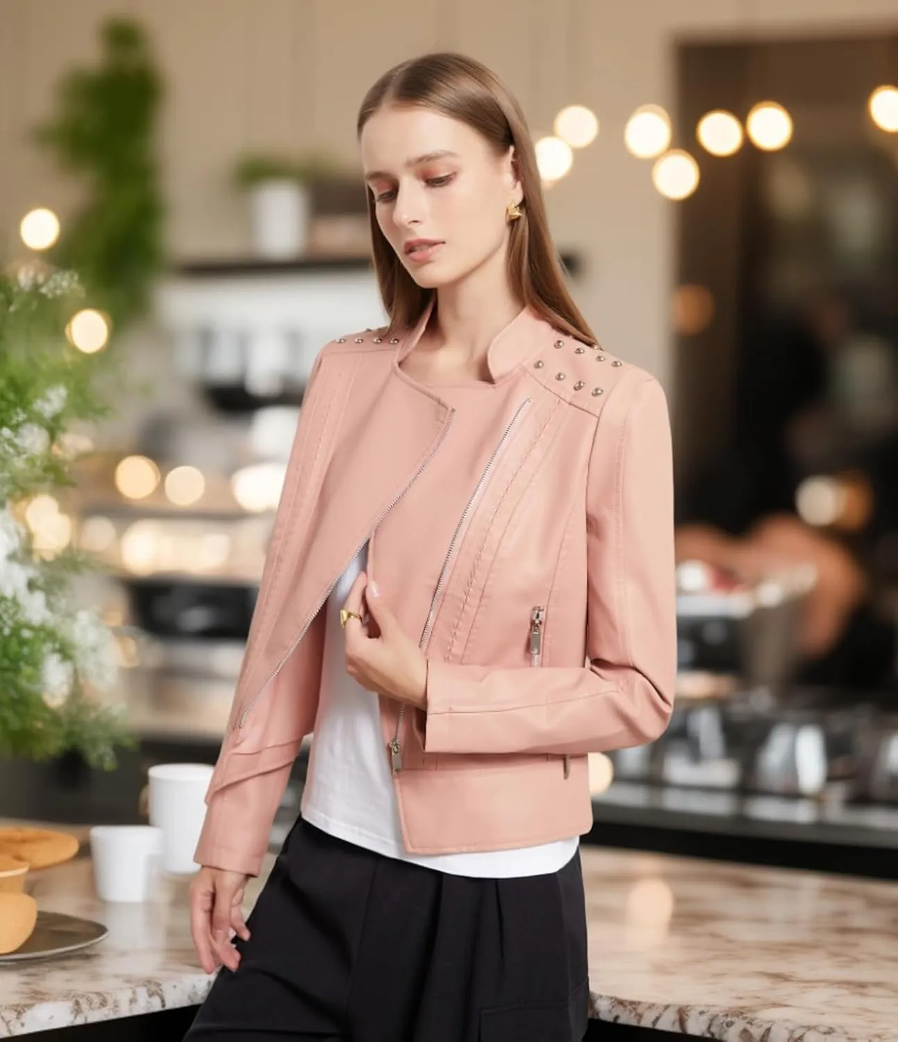 Women's Rivet Studded Faux Leather Motorcycle Short Jacket Punk Fashion Streetwear Coat