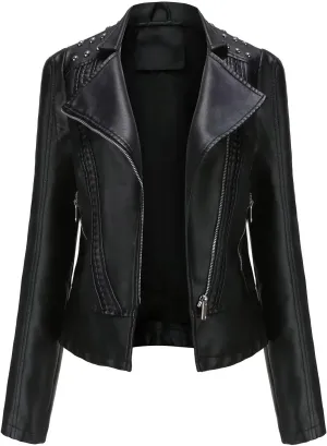 Women's Rivet Studded Faux Leather Motorcycle Short Jacket Punk Fashion Streetwear Coat