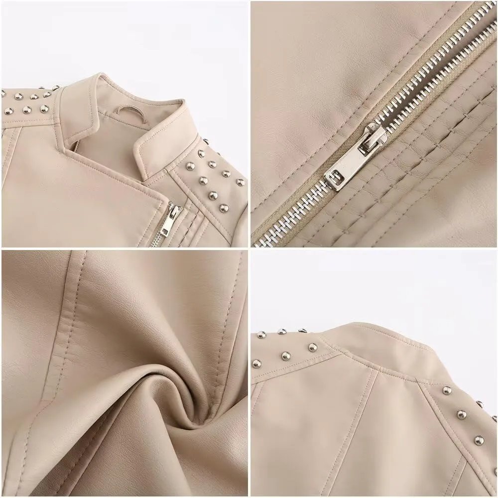 Women's Rivet Studded Faux Leather Motorcycle Short Jacket Punk Fashion Streetwear Coat