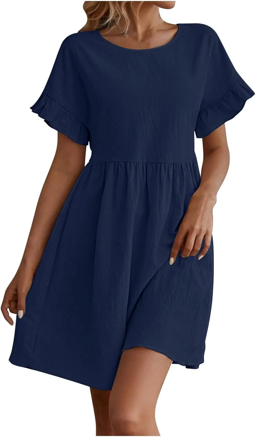 Women's Round Neck Loose Cotton and Linen Dress Ruffle Short Sleeve Swing Hem Dresses Cute A Line Tunic Sundress