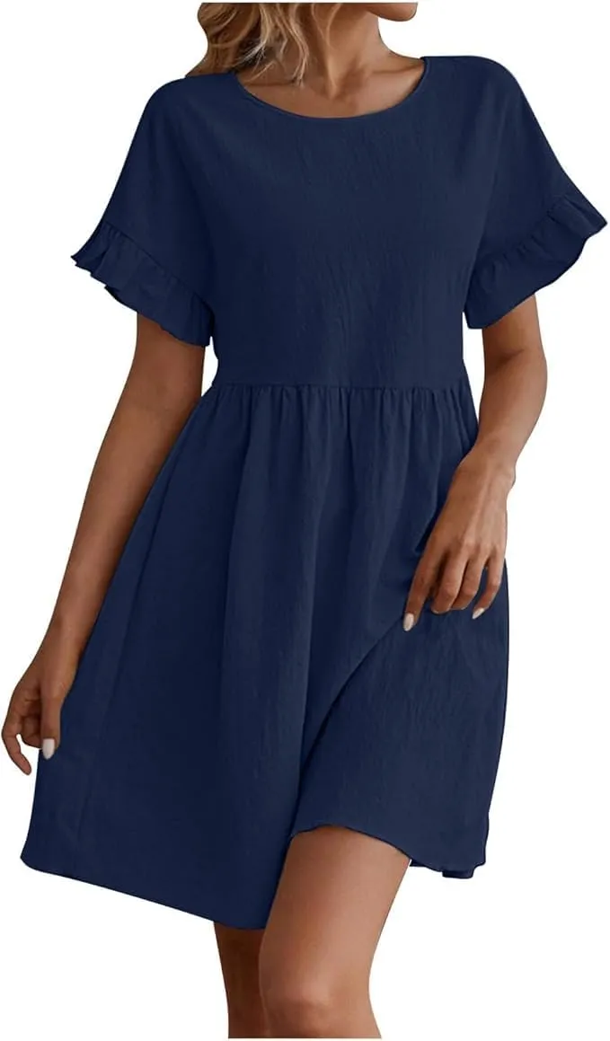 Women's Round Neck Loose Cotton and Linen Dress Ruffle Short Sleeve Swing Hem Dresses Cute A Line Tunic Sundress