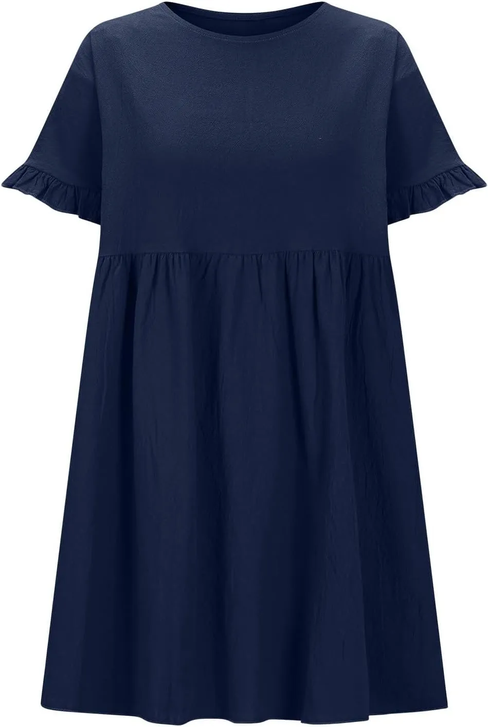 Women's Round Neck Loose Cotton and Linen Dress Ruffle Short Sleeve Swing Hem Dresses Cute A Line Tunic Sundress
