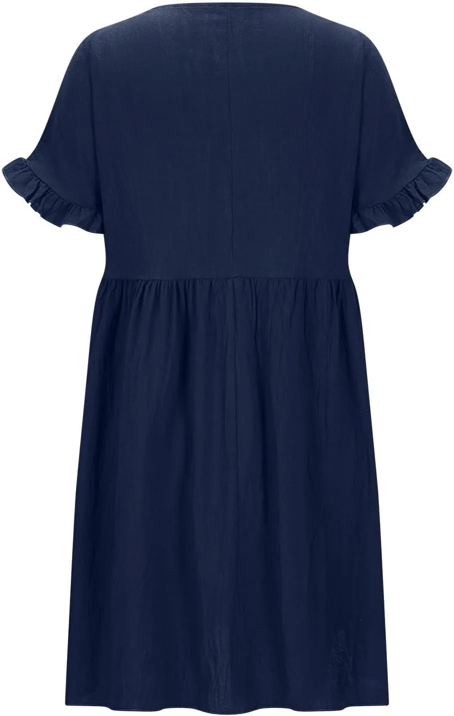 Women's Round Neck Loose Cotton and Linen Dress Ruffle Short Sleeve Swing Hem Dresses Cute A Line Tunic Sundress