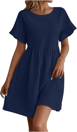 Women's Round Neck Loose Cotton and Linen Dress Ruffle Short Sleeve Swing Hem Dresses Cute A Line Tunic Sundress