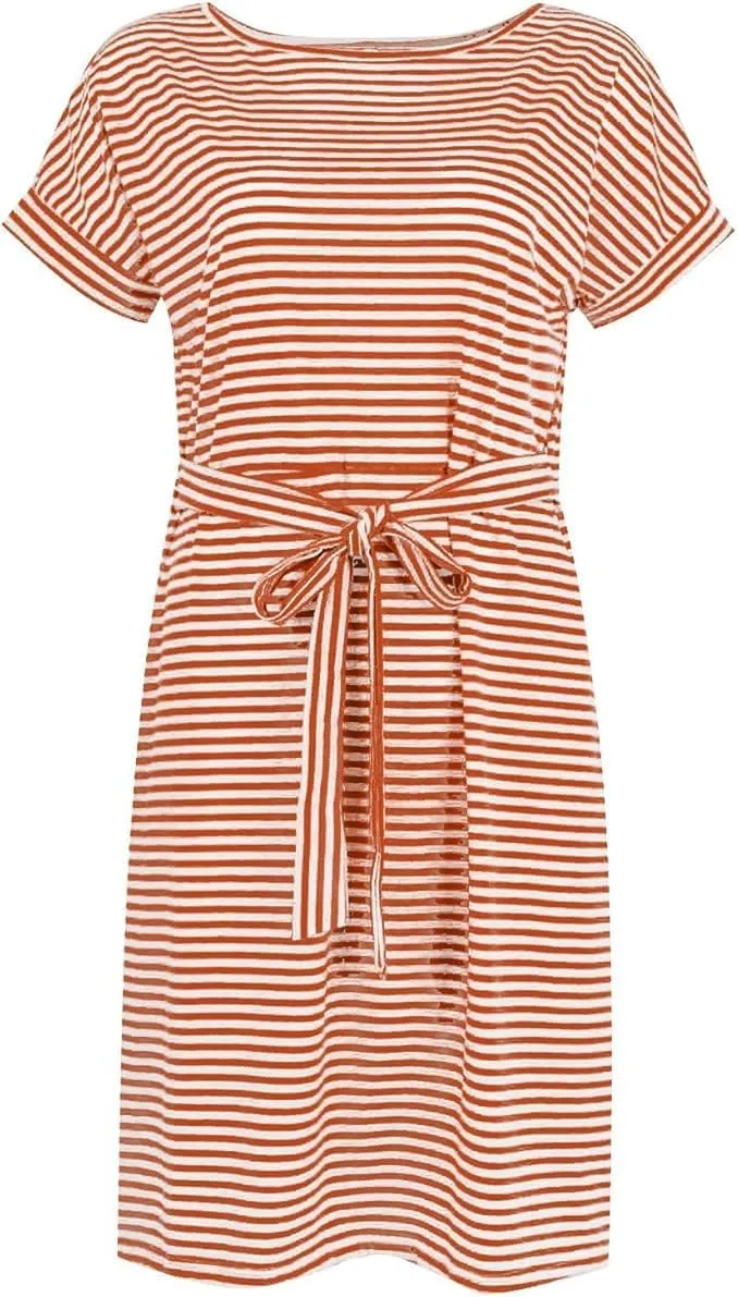Women's Round Neck Short Sleeve Tie Waist Striped Dress Summer Casual T Shirt Dresses A Line Sundress with Pocket