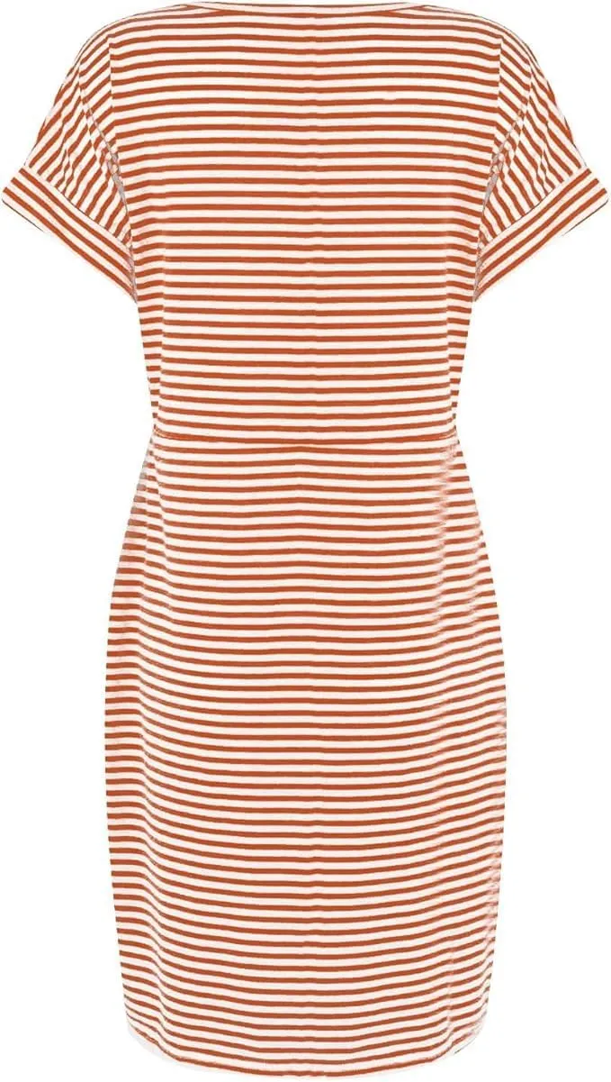 Women's Round Neck Short Sleeve Tie Waist Striped Dress Summer Casual T Shirt Dresses A Line Sundress with Pocket