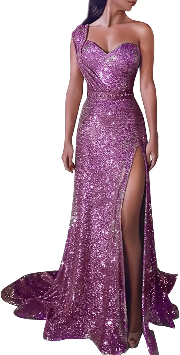 Womens Sequin Long Prom Off Shouder Formal Wedding Maxi Dress V Neck Elegant Split Sexy Cocktail Evening Long Gown