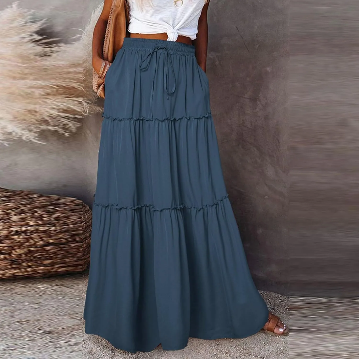Womens Skirts Summer Flowy Maxi Skirt Drawstring High Waisted Ruffle Tiered A-Line Skirts Y2K Skirt Long with Pockets