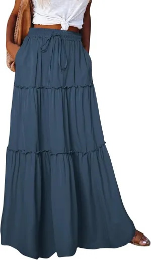 Womens Skirts Summer Flowy Maxi Skirt Drawstring High Waisted Ruffle Tiered A-Line Skirts Y2K Skirt Long with Pockets