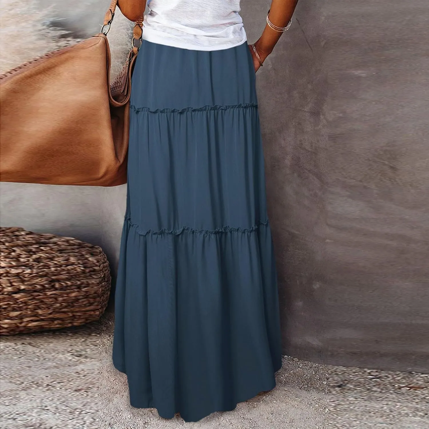 Womens Skirts Summer Flowy Maxi Skirt Drawstring High Waisted Ruffle Tiered A-Line Skirts Y2K Skirt Long with Pockets