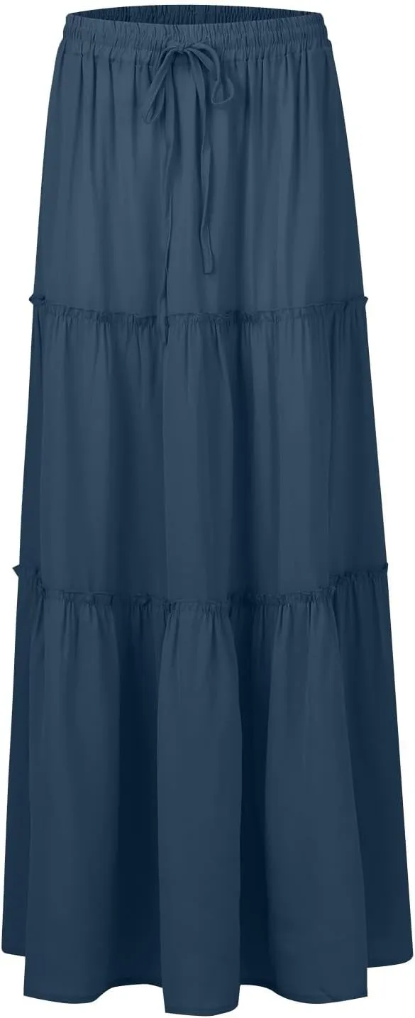 Womens Skirts Summer Flowy Maxi Skirt Drawstring High Waisted Ruffle Tiered A-Line Skirts Y2K Skirt Long with Pockets