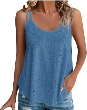 Womens Sleeveless Cami Tank Tops Eyelet Embroidery Spaghetti Strap Shirts 2025 Loose Summer Spring Outfits