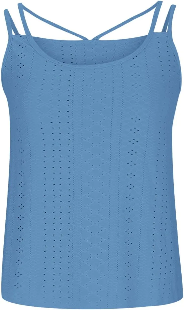 Womens Sleeveless Cami Tank Tops Eyelet Embroidery Spaghetti Strap Shirts 2025 Loose Summer Spring Outfits