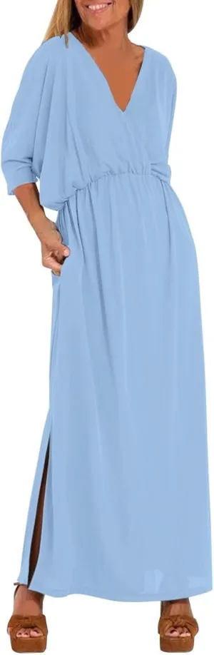 Women's Solid Color High Waist Slit Dress Holiday Beach Split Maxi Dresses Swimsuit Cover Up Flowy Midi Dress
