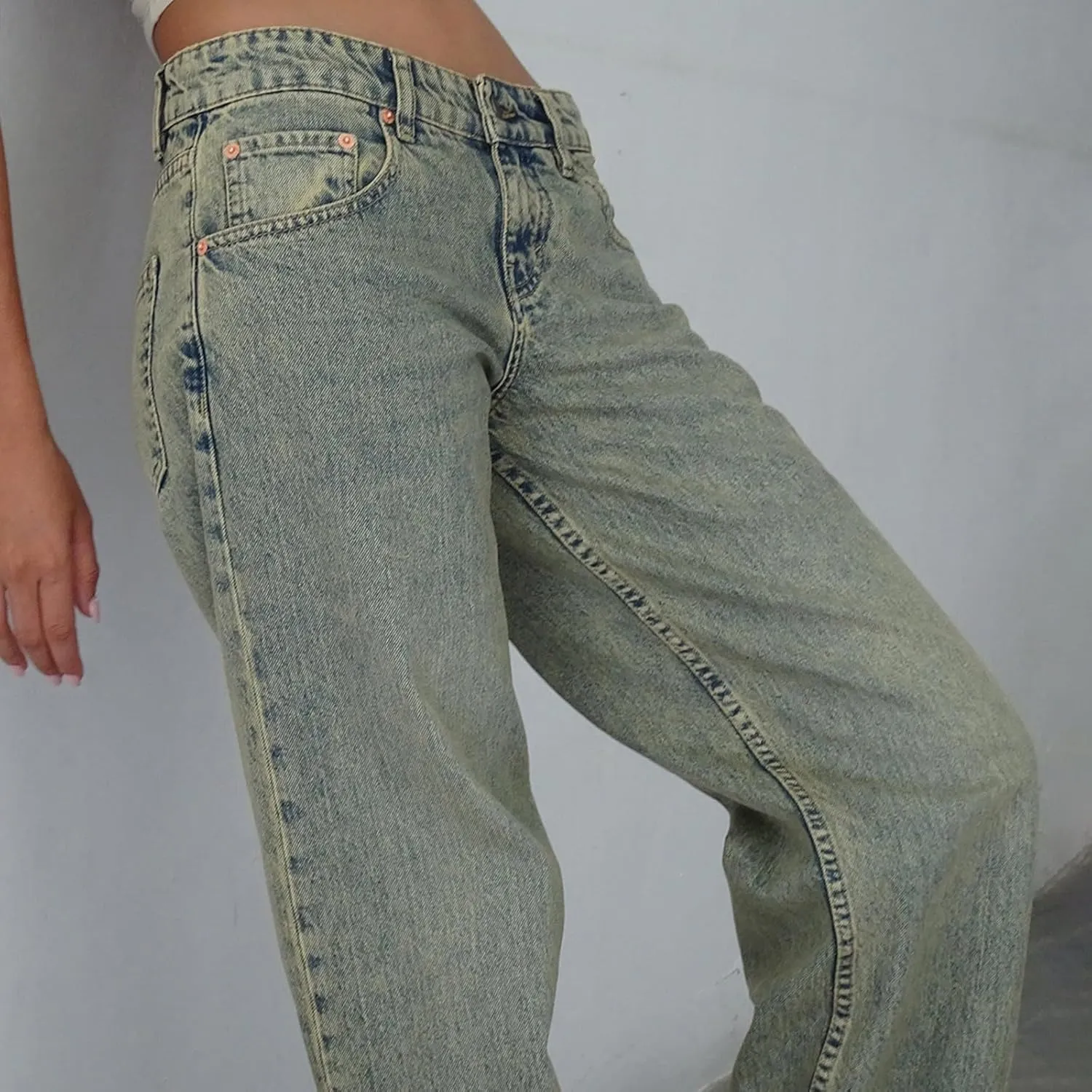 Womens Straight Leg Jeans Stretch Mid Rise Wide Leg Baggy Jeans Casual Loose Button Down Boyfriend Jeans with Pockets