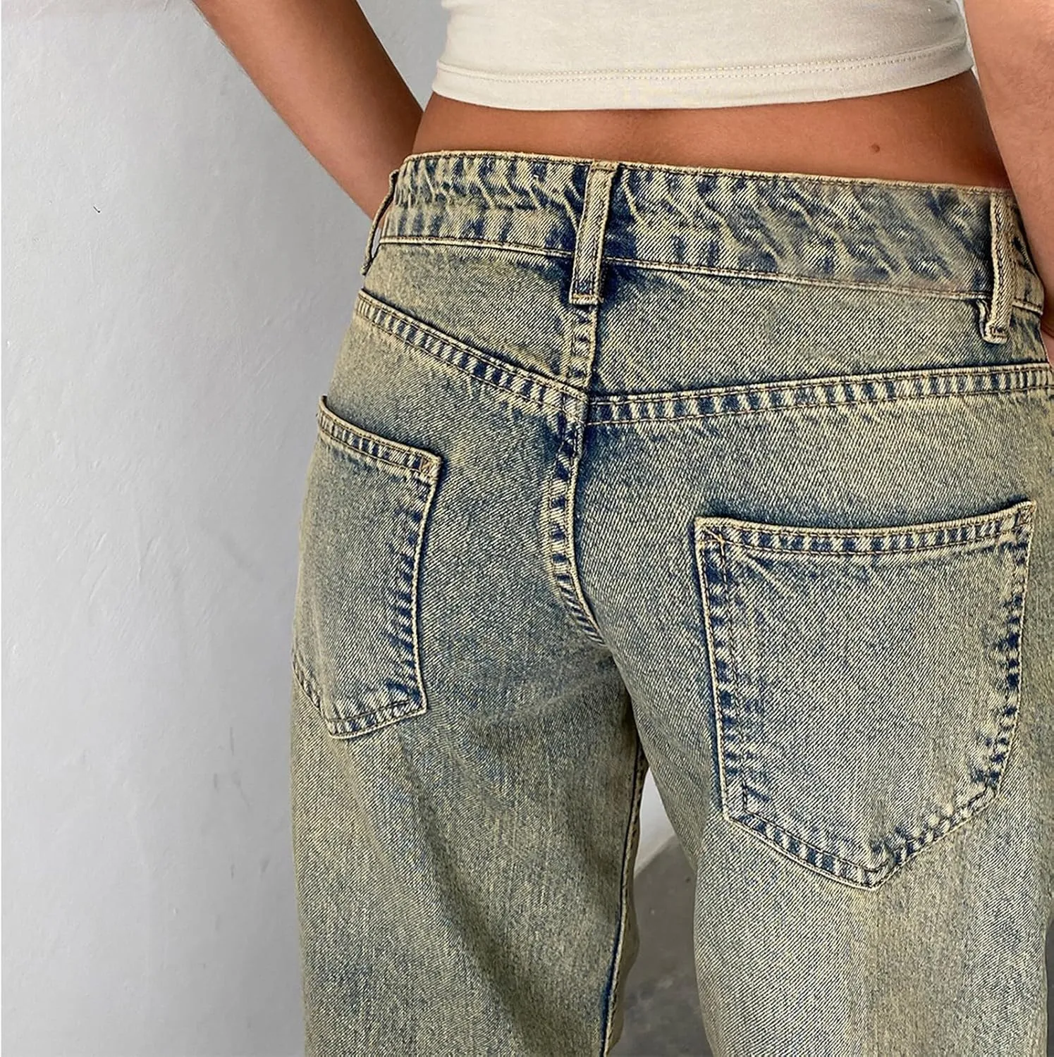 Womens Straight Leg Jeans Stretch Mid Rise Wide Leg Baggy Jeans Casual Loose Button Down Boyfriend Jeans with Pockets