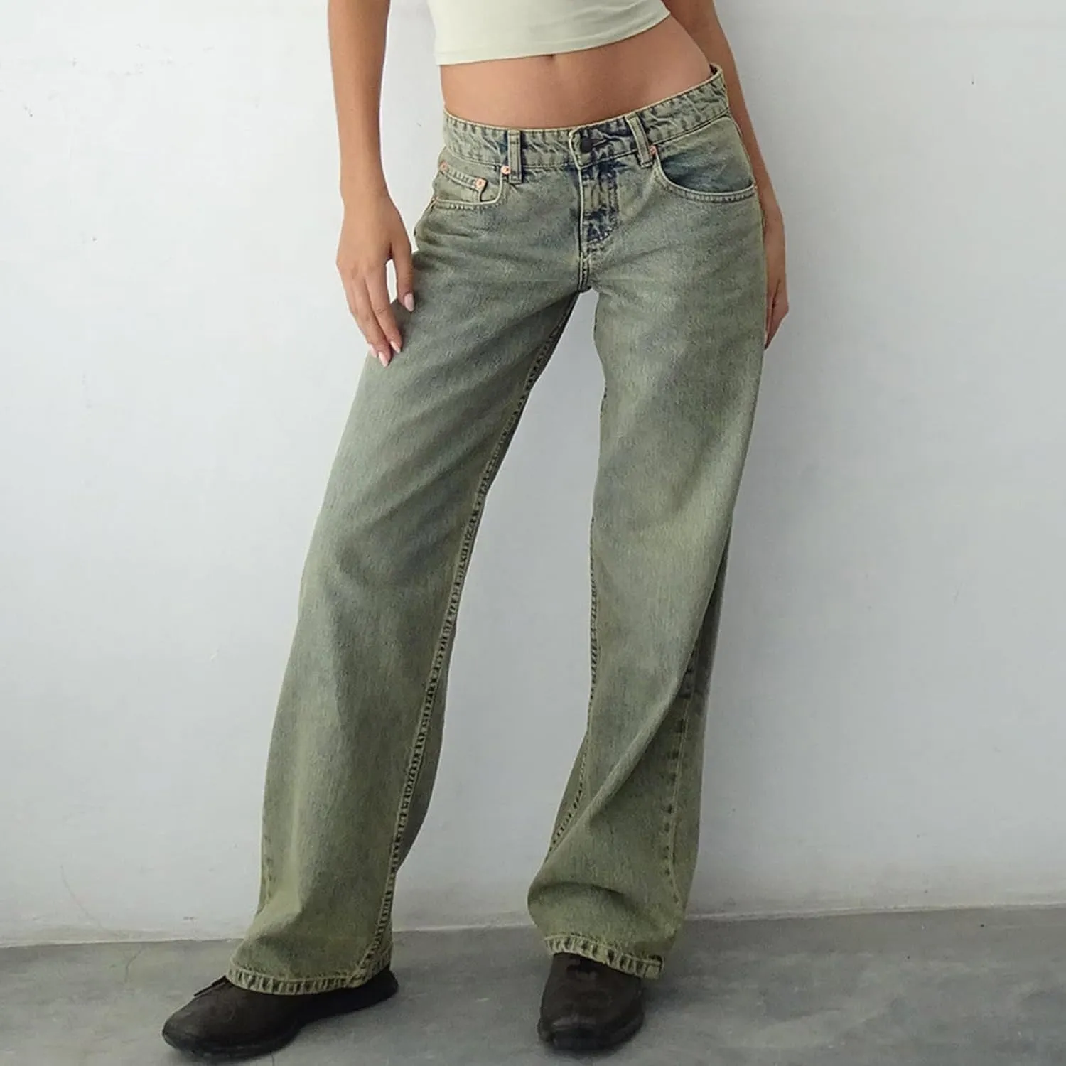 Womens Straight Leg Jeans Stretch Mid Rise Wide Leg Baggy Jeans Casual Loose Button Down Boyfriend Jeans with Pockets