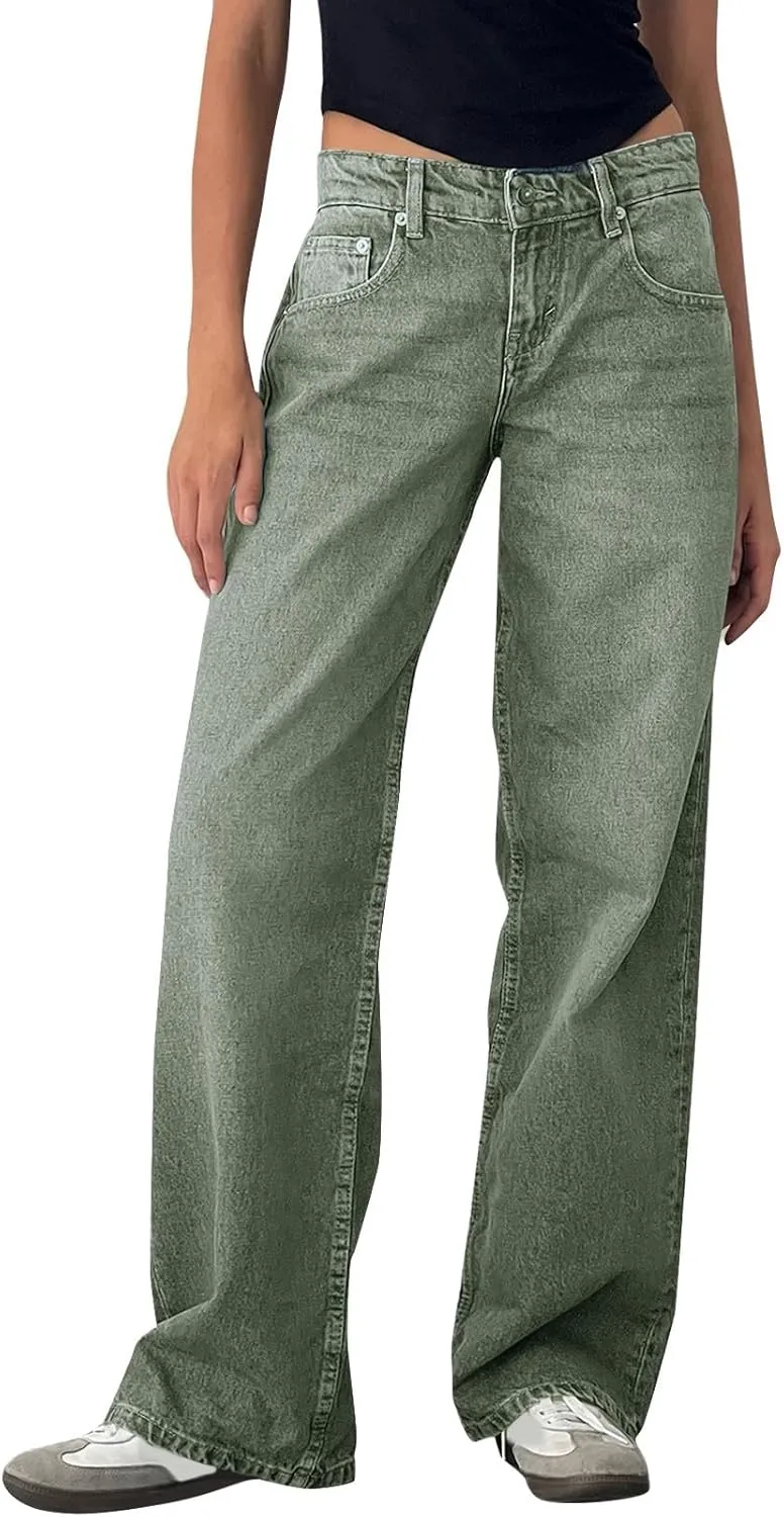 Womens Straight Leg Jeans Stretch Mid Rise Wide Leg Baggy Jeans Casual Loose Button Down Boyfriend Jeans with Pockets