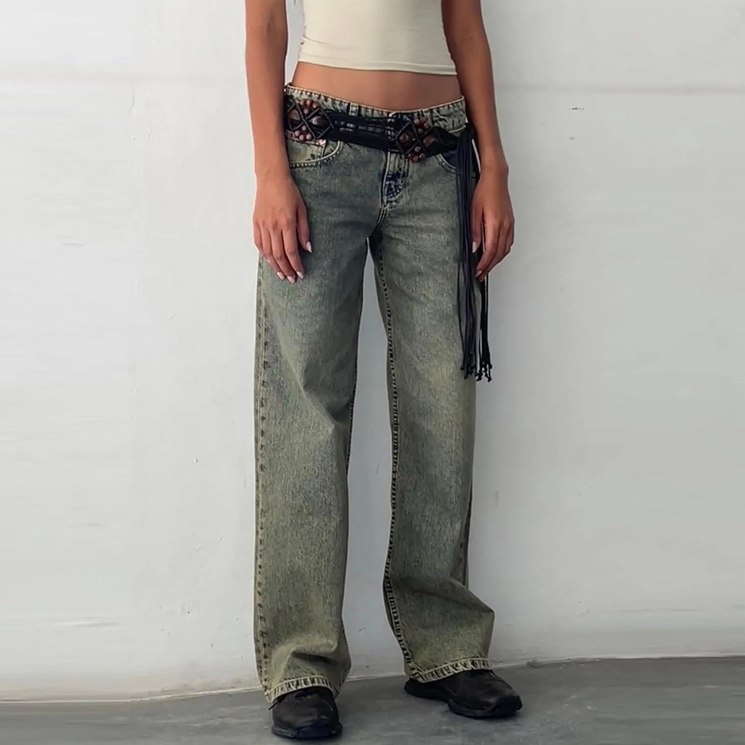 Womens Straight Leg Jeans Stretch Mid Rise Wide Leg Baggy Jeans Casual Loose Button Down Boyfriend Jeans with Pockets