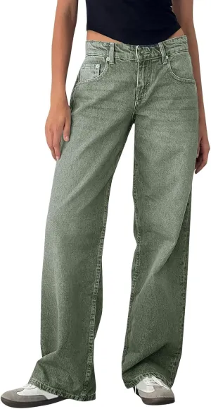 Womens Straight Leg Jeans Stretch Mid Rise Wide Leg Baggy Jeans Casual Loose Button Down Boyfriend Jeans with Pockets