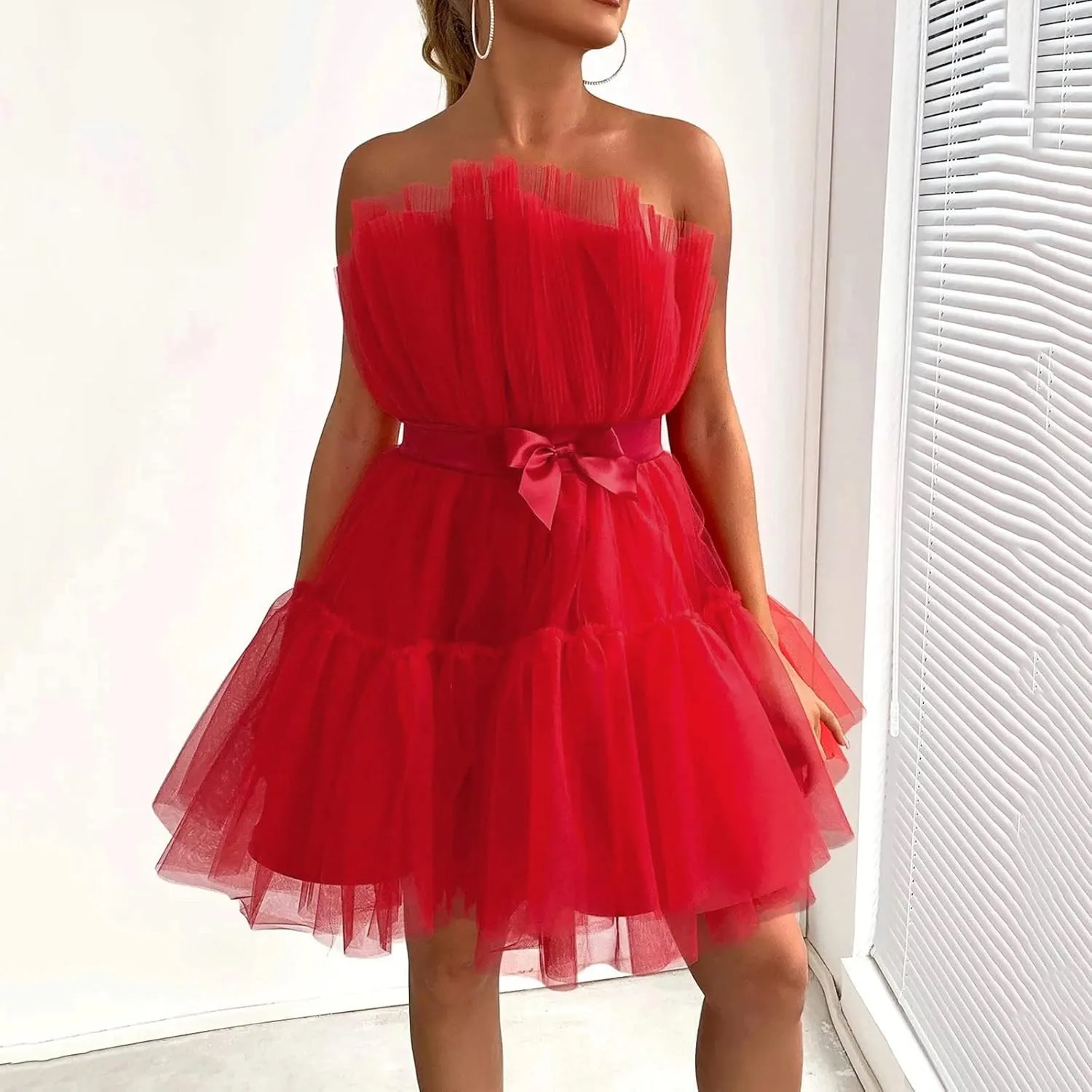 Womens Strapless Mesh Elegant Bowknot Tutu Skirt Dress Off Shoulder Wedding Pleated Mesh Party Mini Dress