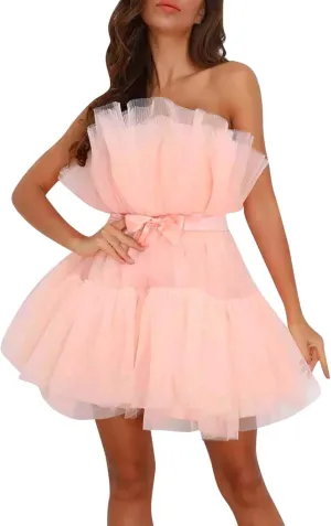 Womens Strapless Mesh Elegant Bowknot Tutu Skirt Dress Off Shoulder Wedding Pleated Mesh Party Mini Dress