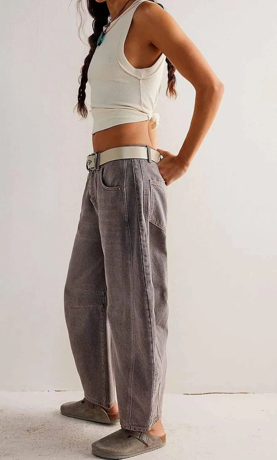 Womens Stretchy Mid Rise Barrel Jeans Vintage Loose Wide Leg Cropped Denim Pants Y2k Baggy Boyfriend Jeans