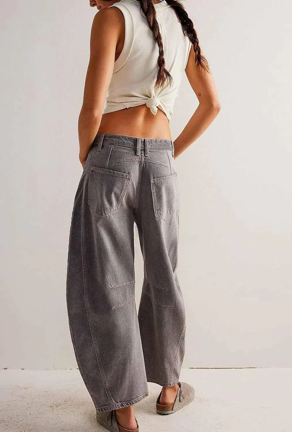 Womens Stretchy Mid Rise Barrel Jeans Vintage Loose Wide Leg Cropped Denim Pants Y2k Baggy Boyfriend Jeans
