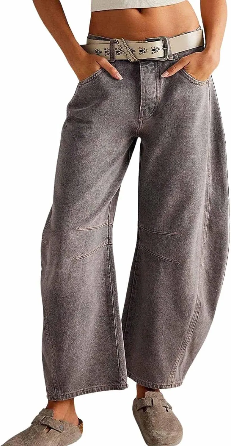Womens Stretchy Mid Rise Barrel Jeans Vintage Loose Wide Leg Cropped Denim Pants Y2k Baggy Boyfriend Jeans