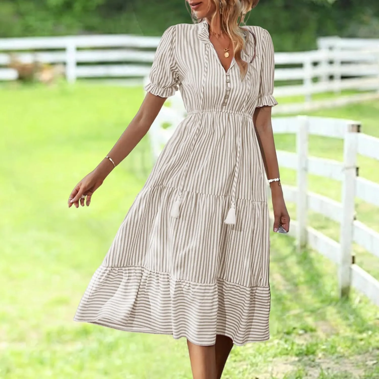 Womens Striped Dress Casual V Neck Button Down Short Sleeve Midi Dress Summer Comfy Tunic Tiered Ruffle Hem Sundress