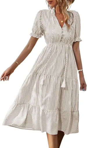 Womens Striped Dress Casual V Neck Button Down Short Sleeve Midi Dress Summer Comfy Tunic Tiered Ruffle Hem Sundress