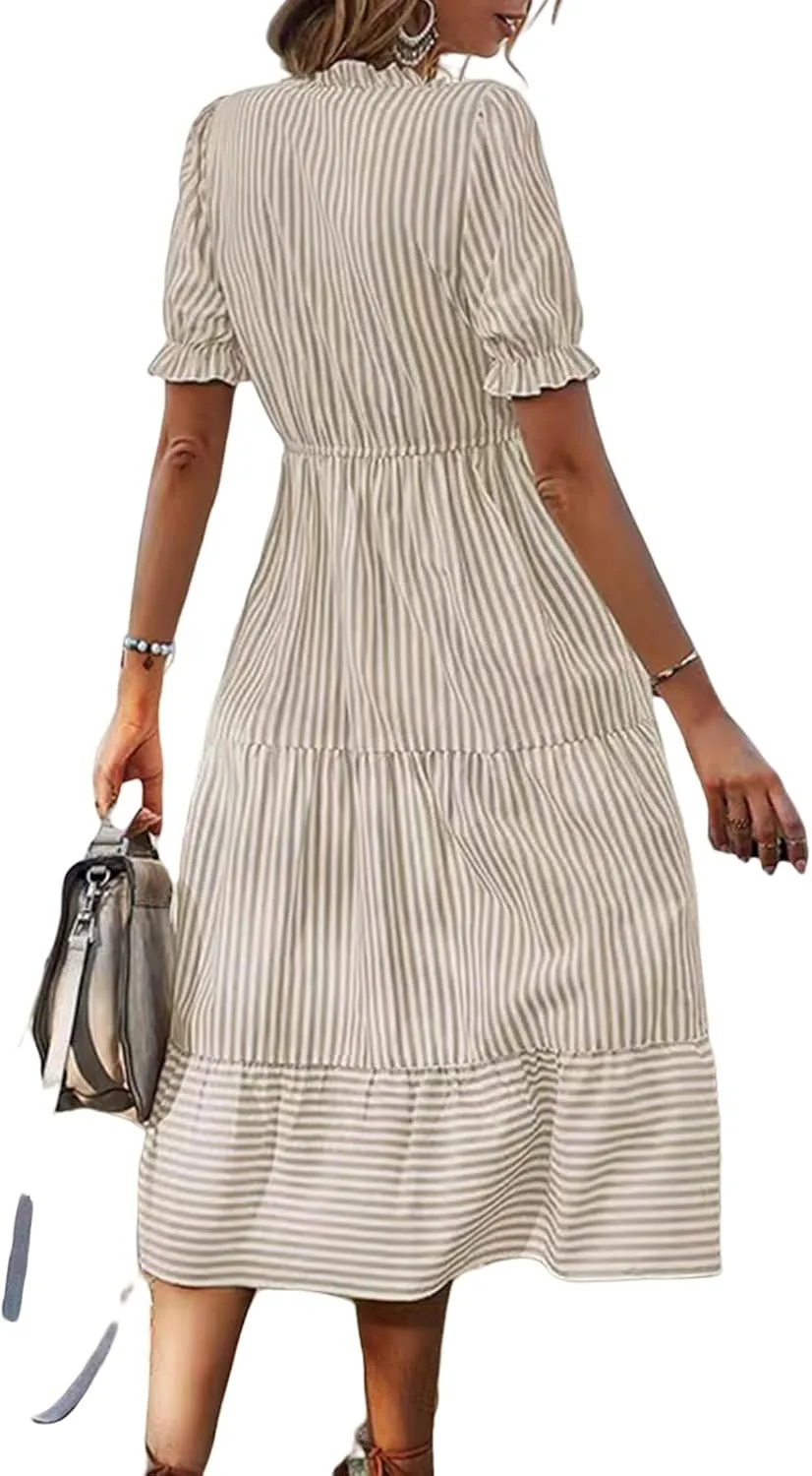 Womens Striped Dress Casual V Neck Button Down Short Sleeve Midi Dress Summer Comfy Tunic Tiered Ruffle Hem Sundress