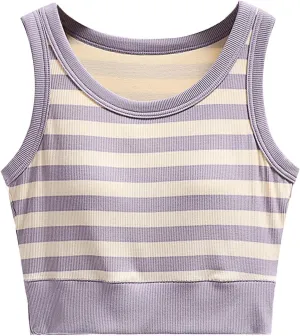 Womens Striped Tank Tops with Built in Bra Sexy Crop Padded Preppy Yoga Shirts Vintage Color Block Sleeveless Tees